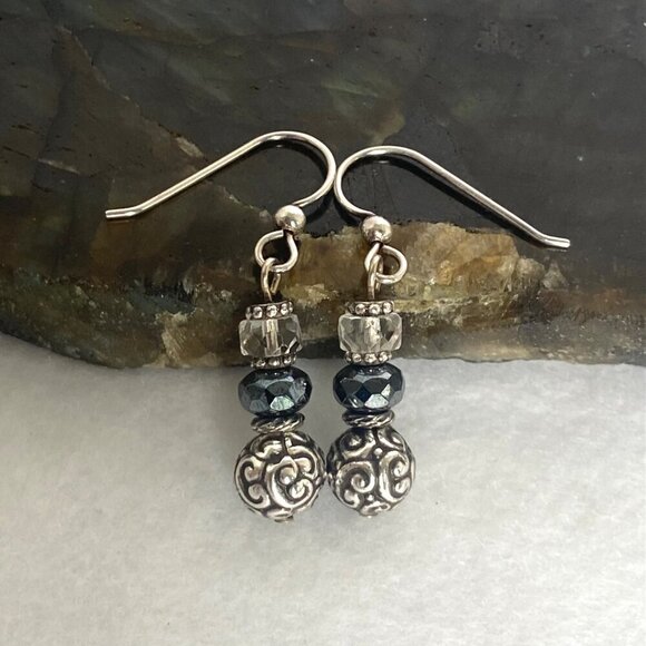 Sterling Silver 925 Faceted Glass Scrollwork Beaded Dangle Earrings - Picture 4 of 12